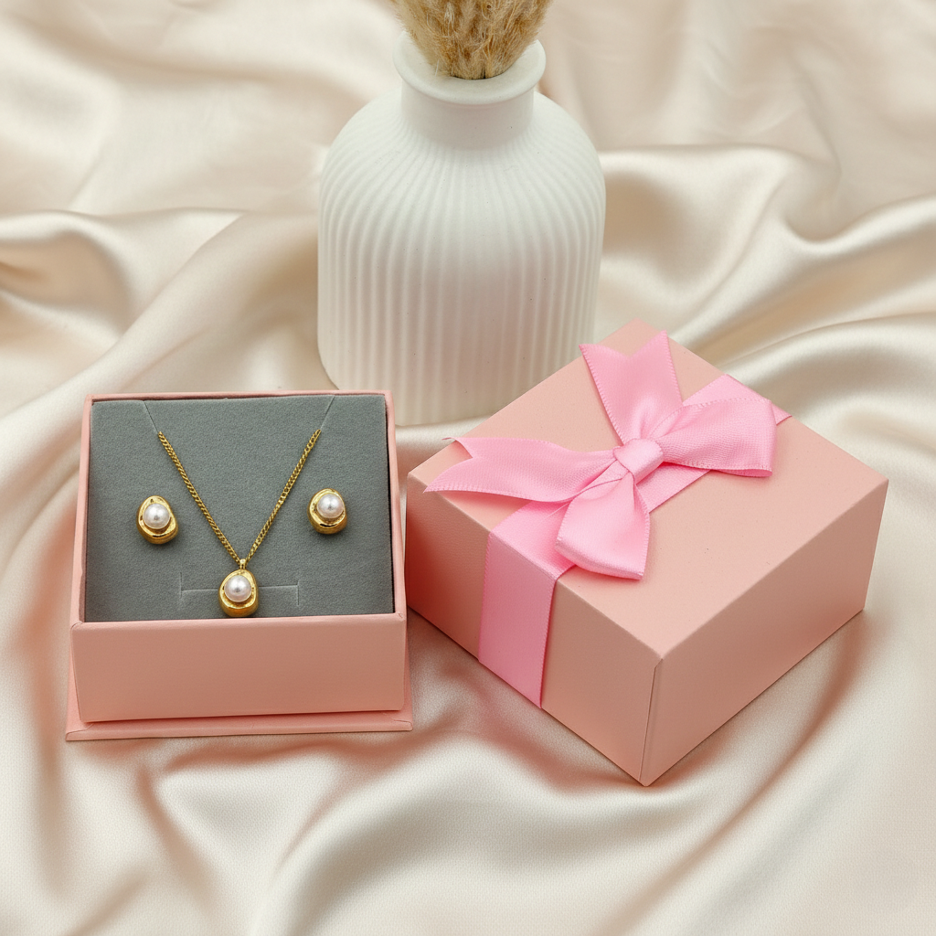 SreeVanna Pearl Glow Luxe Set – 18K Gold Plated Necklace & Stud Earrings Set