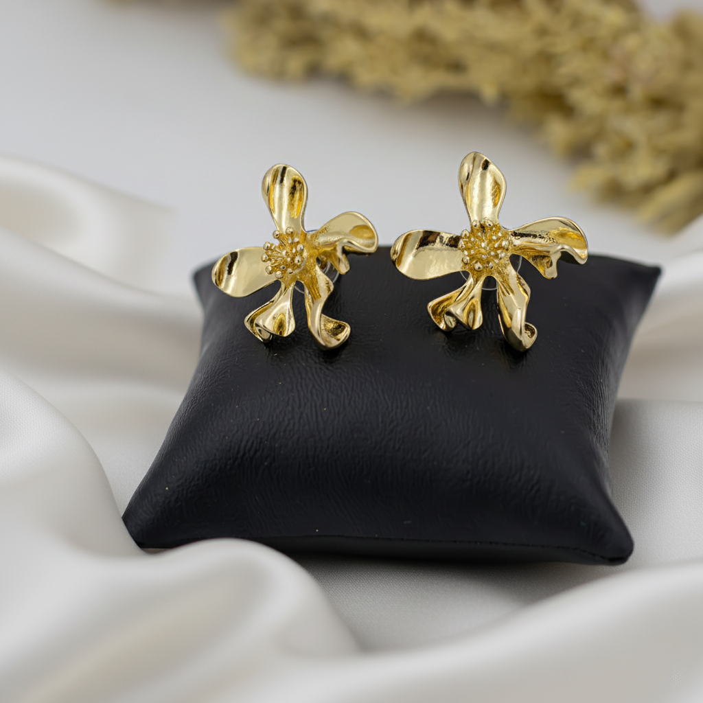 SreeVanna Golden Bloom Sculpted Flower Earrings