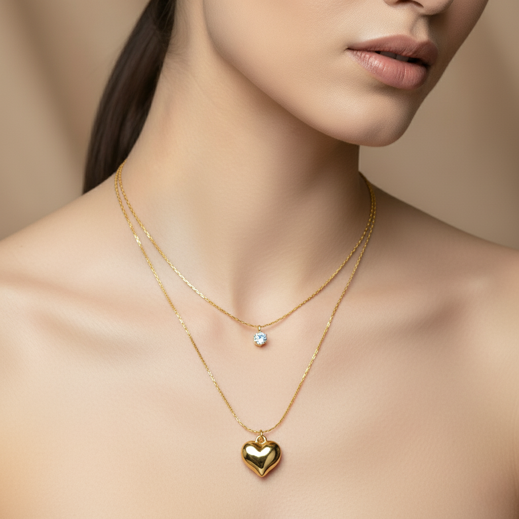 SreeVanna Eternal Heart Layered Necklace – Dual Chain with Crystal Charm