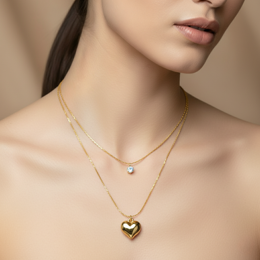 SreeVanna Eternal Heart Layered Necklace – Dual Chain with Crystal Charm