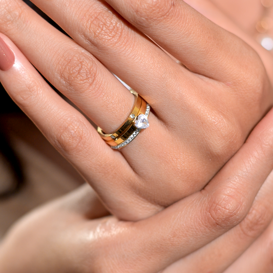 SreeVanna 3-Piece Heart Zircon Ring Set – 18K Gold Plated