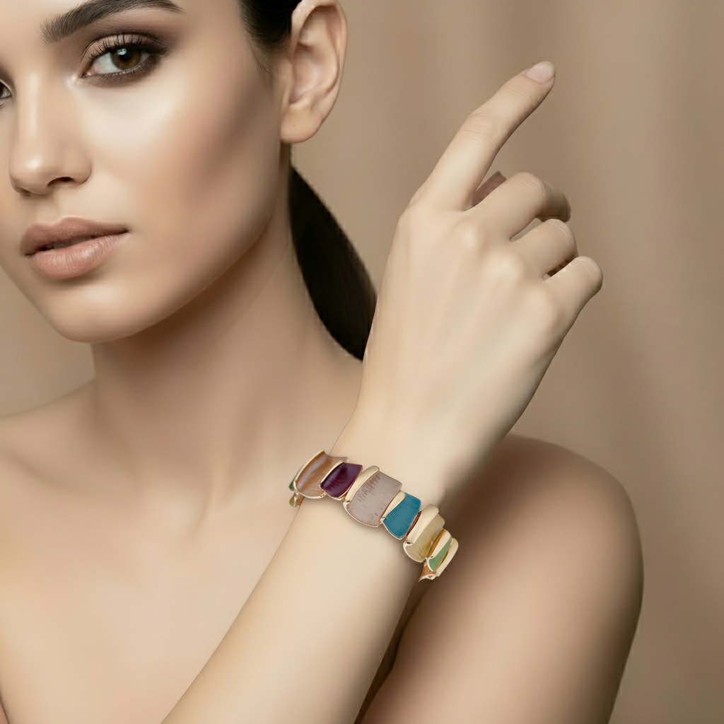 SreeVanna AuraWave 18K Gold-Plated Multicolor Enamel Elastic Bracelet