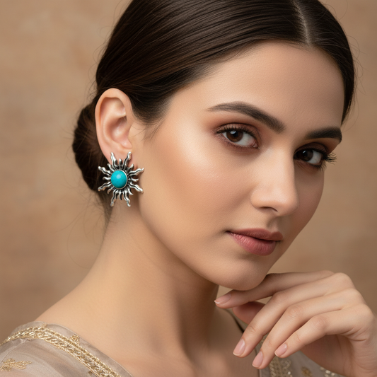 SreeVanna Surya Studs – Ethnic Silver-Tone Earrings with Turquoise Stone
