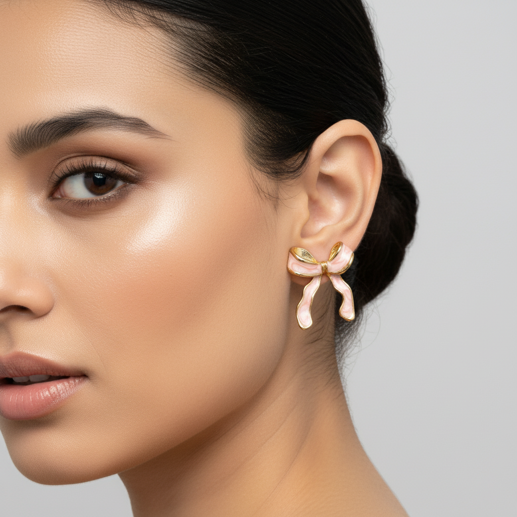 SreeVanna Blush Bow Enamel Earrings