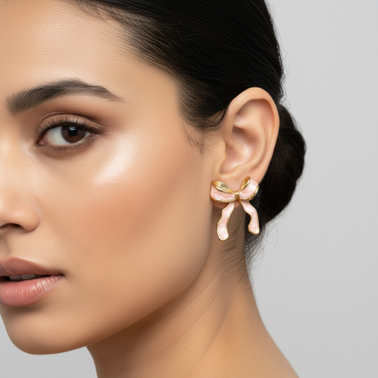 SreeVanna Blush Bow Enamel Earrings