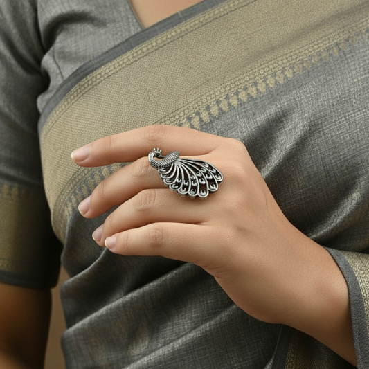 SreeVanna Mayura Ring – Ethnic Oxidized Brass Peacock Design