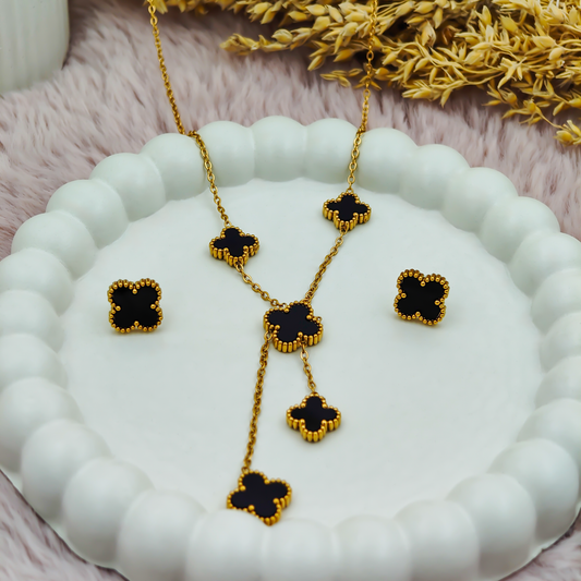 SreeVanna Noir Clover Grace Necklace & Earring Set