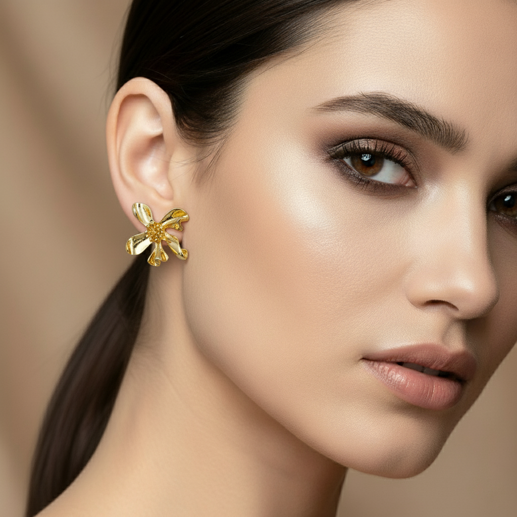 SreeVanna Golden Bloom Sculpted Flower Earrings
