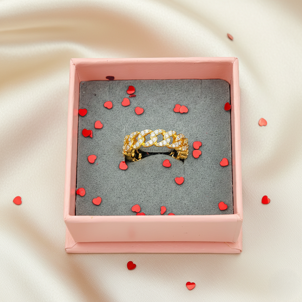 SreeVanna Luxe Cuban Zircon Ring – 18K Gold Plated Statement Band