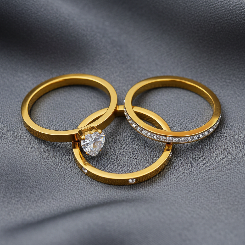 SreeVanna 3-Piece Heart Zircon Ring Set – 18K Gold Plated