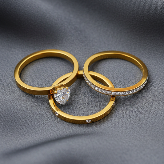 SreeVanna 3-Piece Heart Zircon Ring Set – 18K Gold Plated