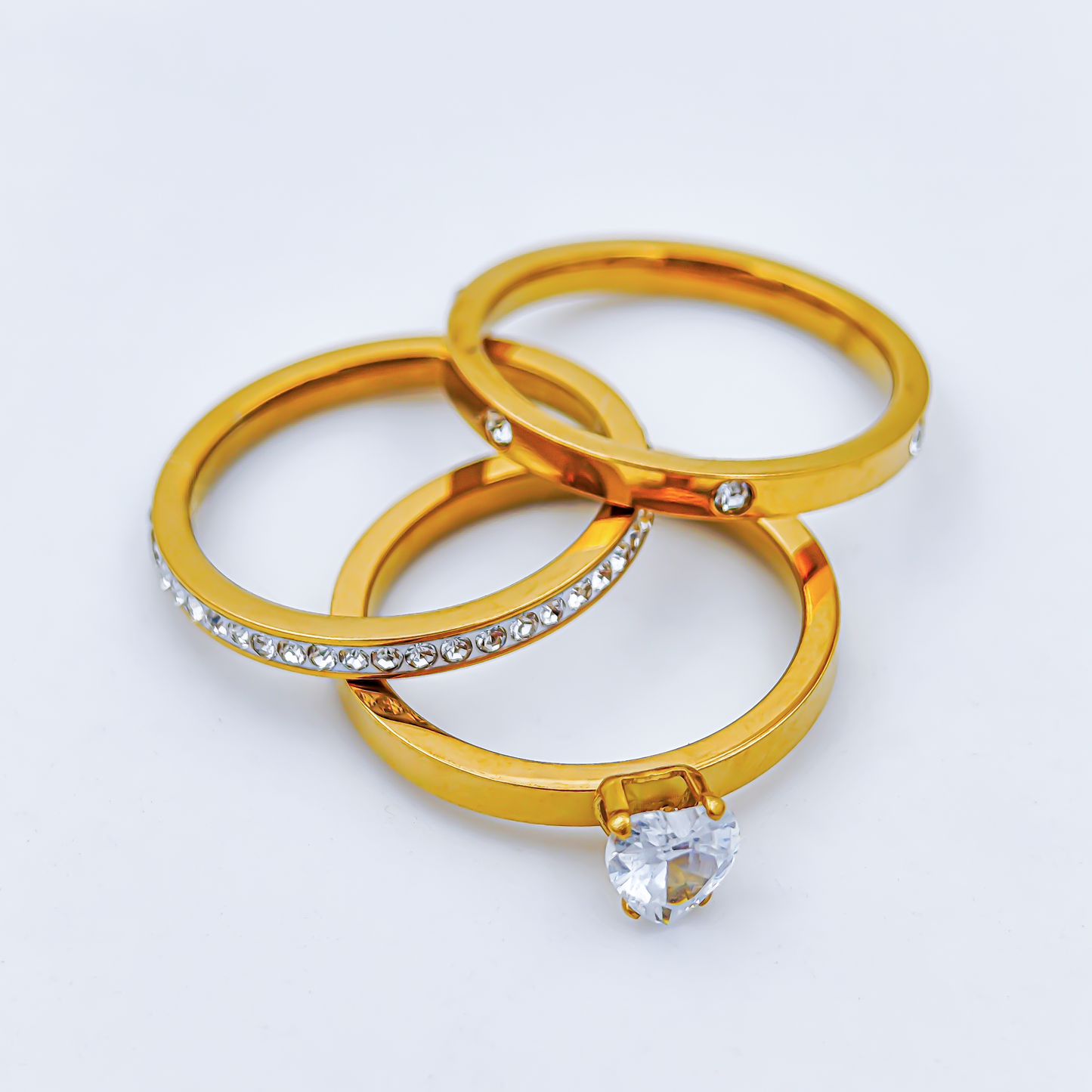 SreeVanna 3-Piece Heart Zircon Ring Set – 18K Gold Plated