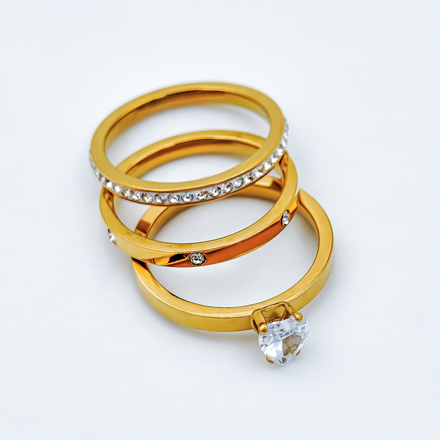 SreeVanna 3-Piece Heart Zircon Ring Set – 18K Gold Plated