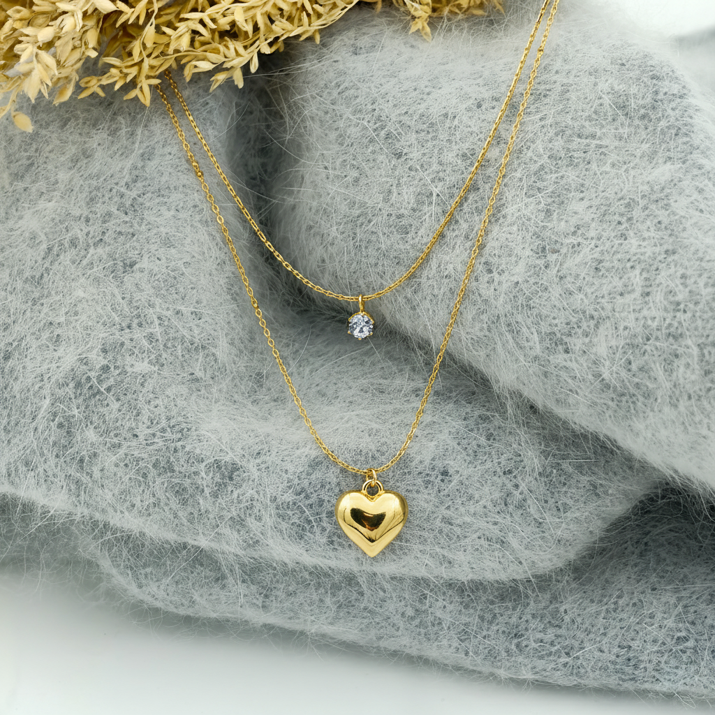 SreeVanna Eternal Heart Layered Necklace – Dual Chain with Crystal Charm