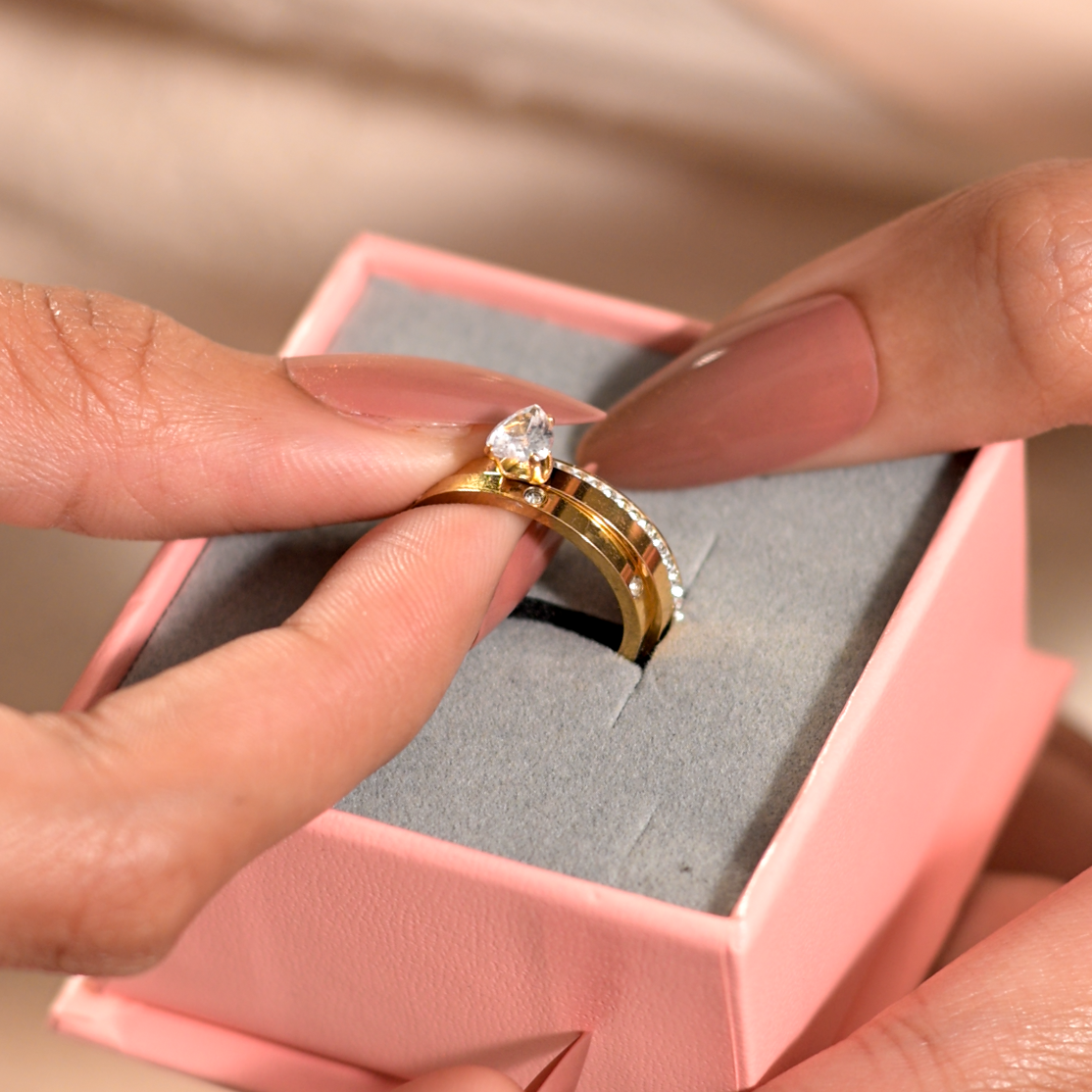 SreeVanna 3-Piece Heart Zircon Ring Set – 18K Gold Plated