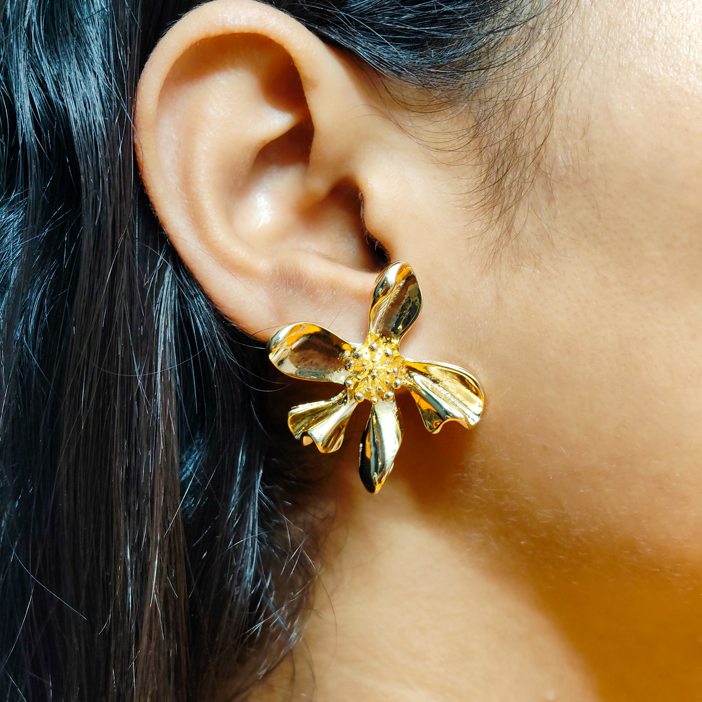 SreeVanna Golden Bloom Sculpted Flower Earrings