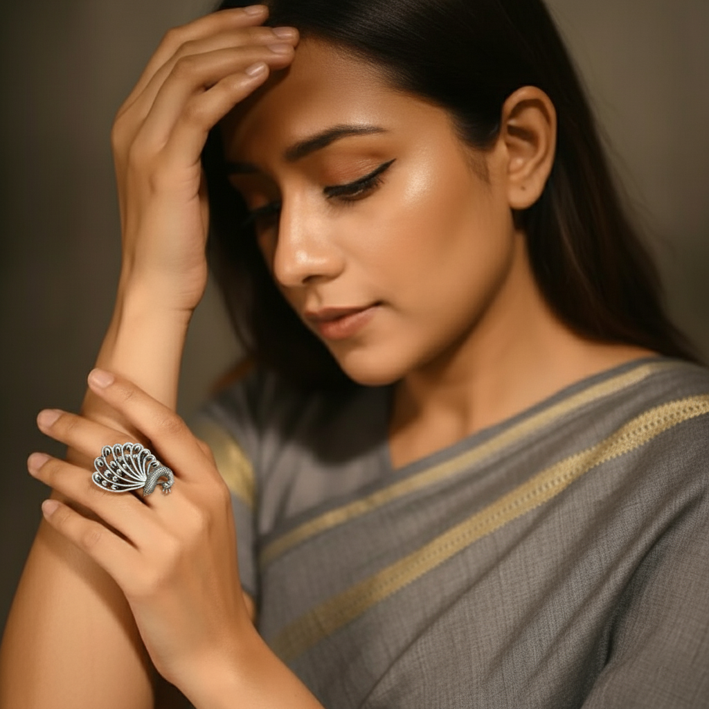 SreeVanna Mayura Ring – Ethnic Oxidized Brass Peacock Design