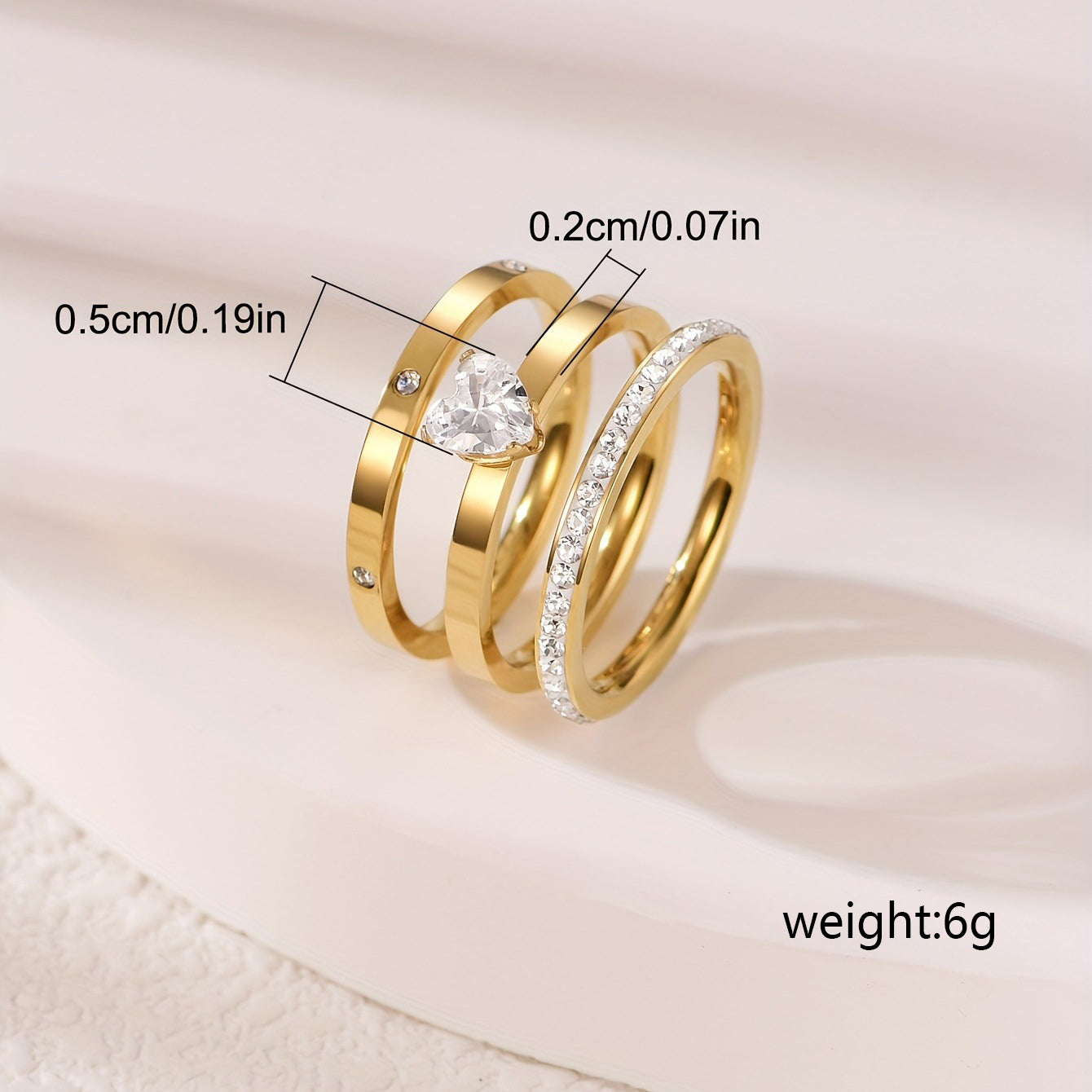 SreeVanna 3-Piece Heart Zircon Ring Set – 18K Gold Plated