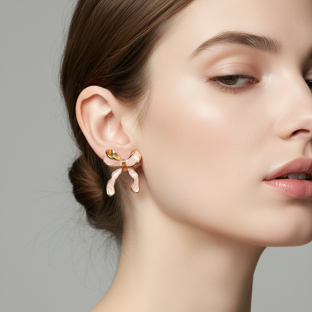 SreeVanna Blush Bow Enamel Earrings