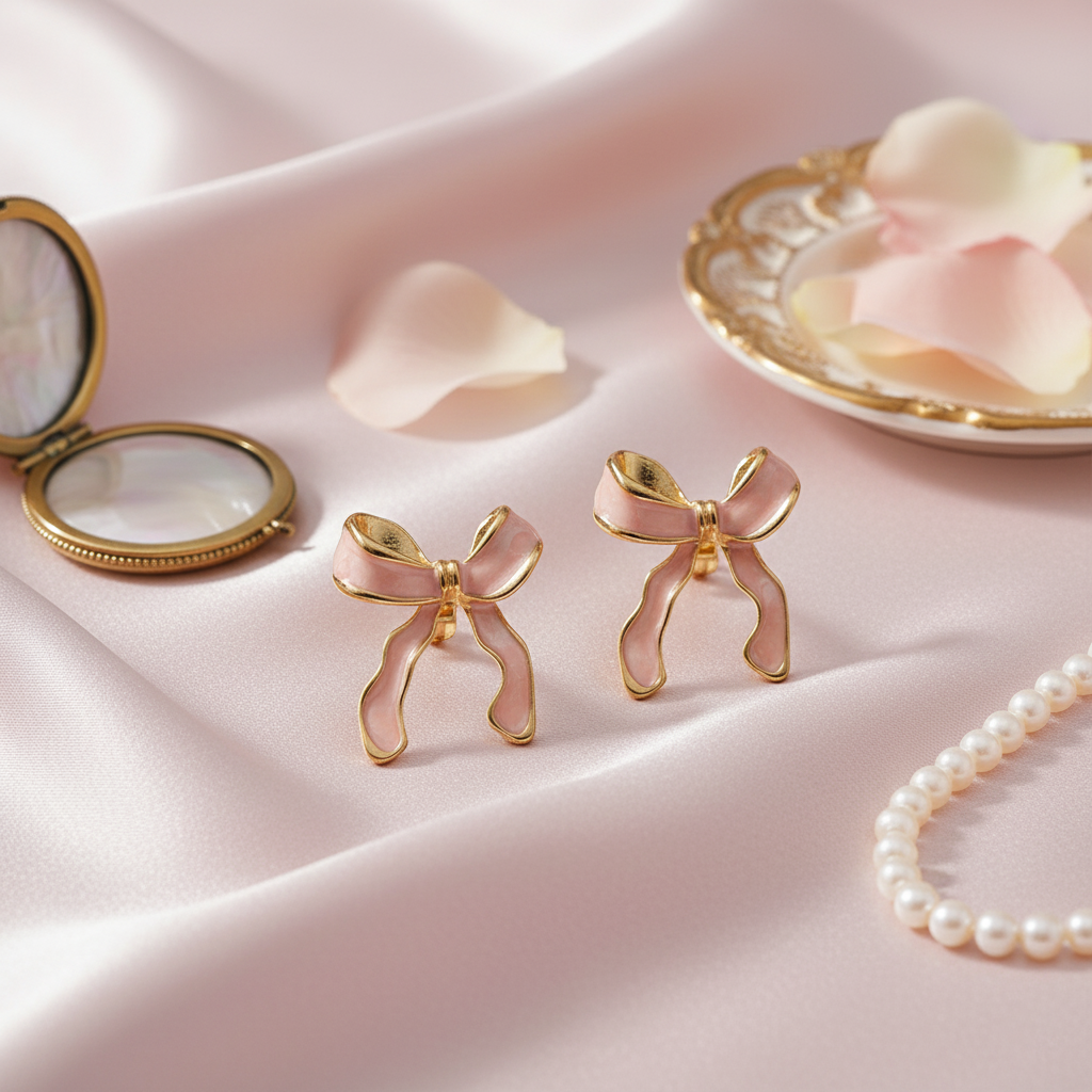 SreeVanna Blush Bow Enamel Earrings