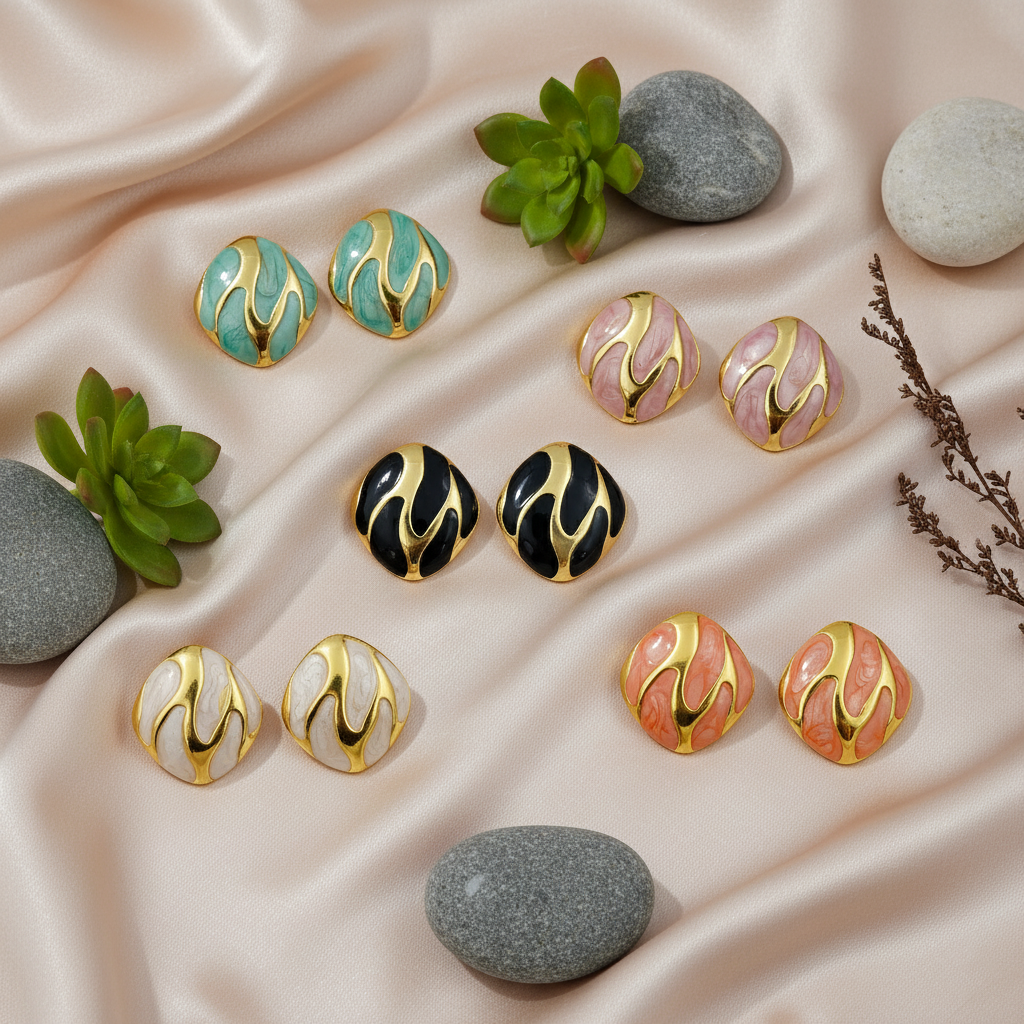 SreeVanna Élan Collection - Enamel Wave Stud Earrings (Orange, White, Pink, Aqua Blue &  Black)