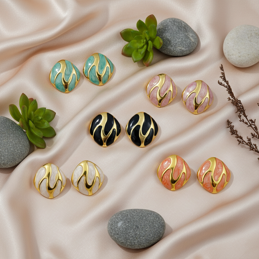 SreeVanna Élan Collection - Enamel Wave Stud Earrings (Orange, White, Pink, Aqua Blue &  Black)